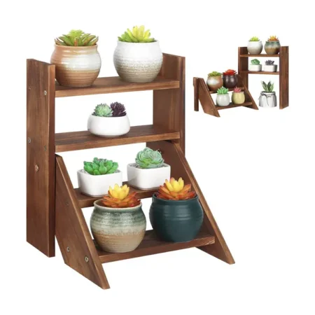 Easy fashion 3-Tier Folding and Wide Wooden Ladder Shelving Flower and Plant Display Stand Rack for Indoor Outdoor Home